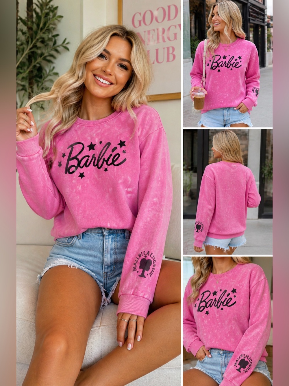 Barbie Pink Logo Pullover Sweatshirt with Star Accents